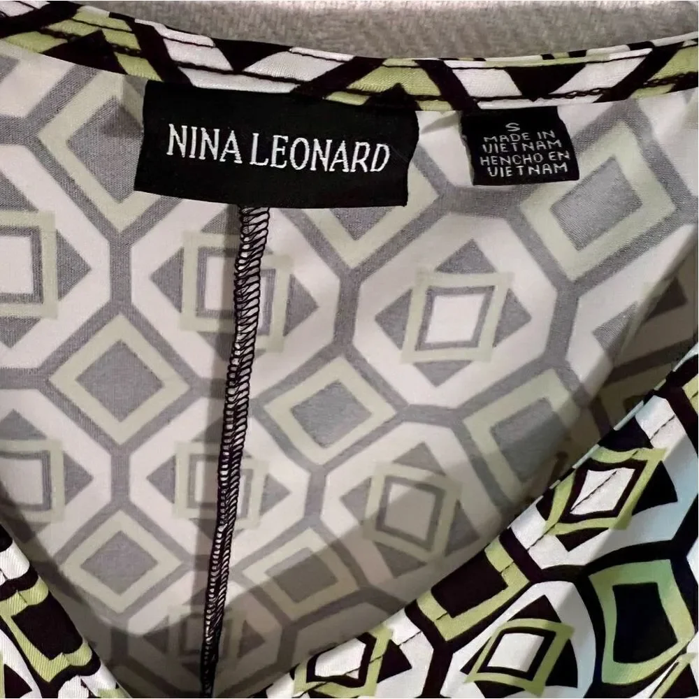 Nina Leonard - Green & Black Geometric Stretch Shift Dress Size Small